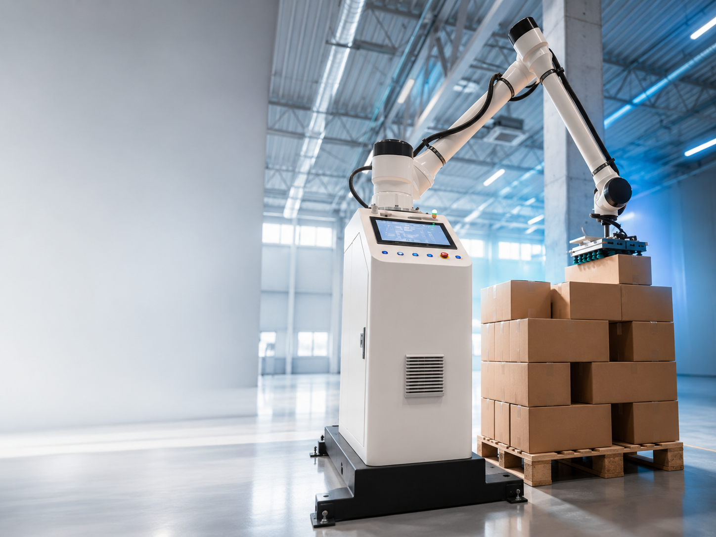 Operator przy stanowisku SmartPallet XZ-030 z robotem i paletą