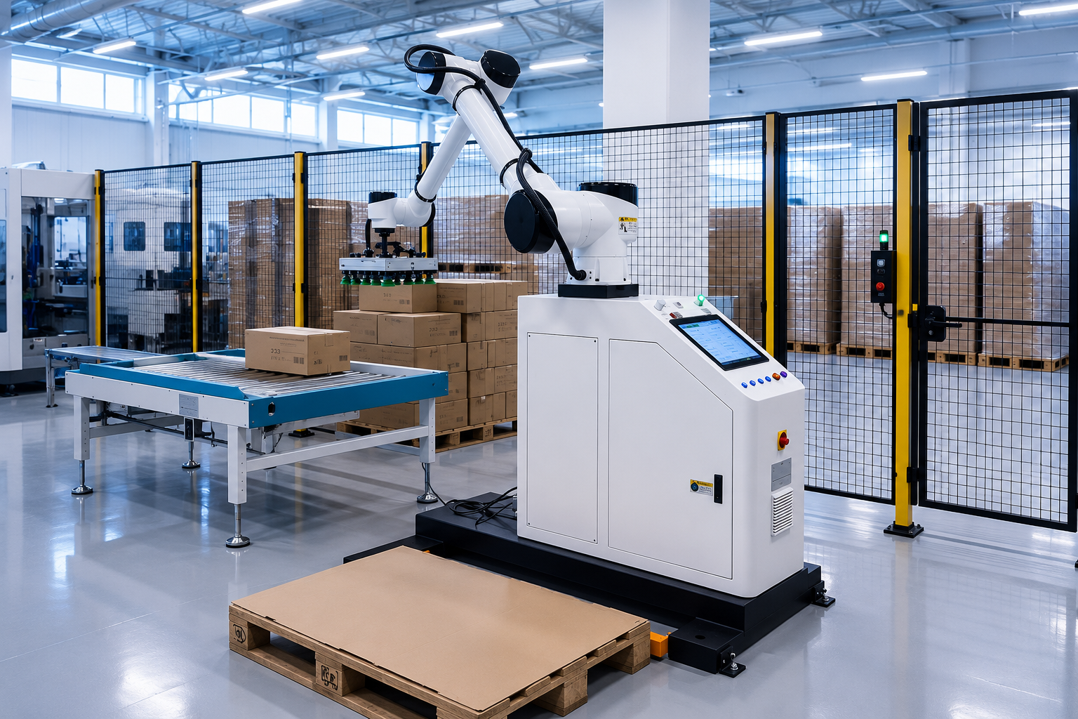 Robot SmartPallet XZ-030 pracujący przy transporcie rolkowym